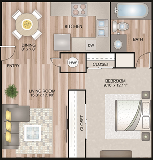 1 Bedroom / 1 Bath - 571 Sq. Ft.*